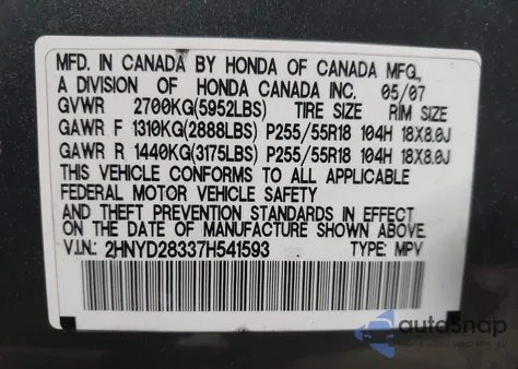 2007 Acura Mdx Technology Package z USA, uszkodzony, nr VIN 2HNYD28337H541593